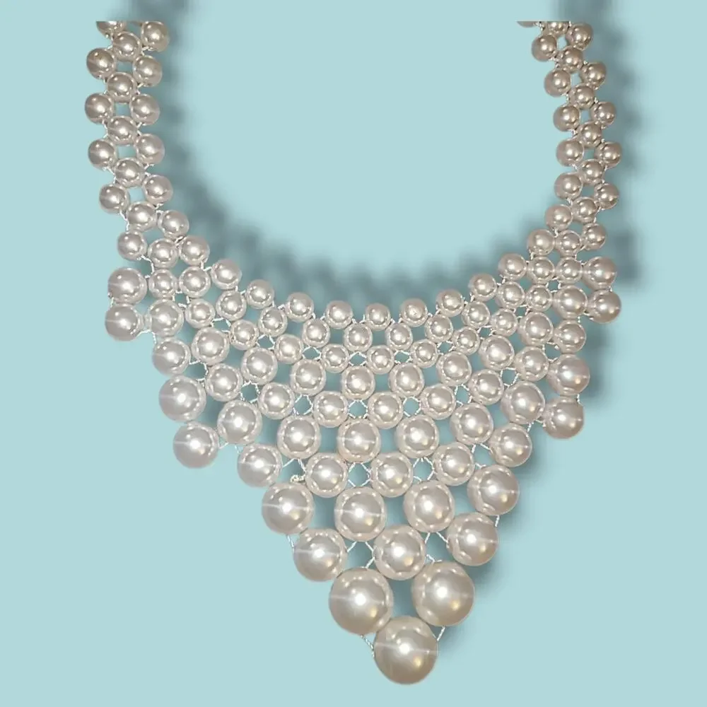 Vintage Rmn Faux Pearl Beaded Collar Bib Statement‎ Necklace